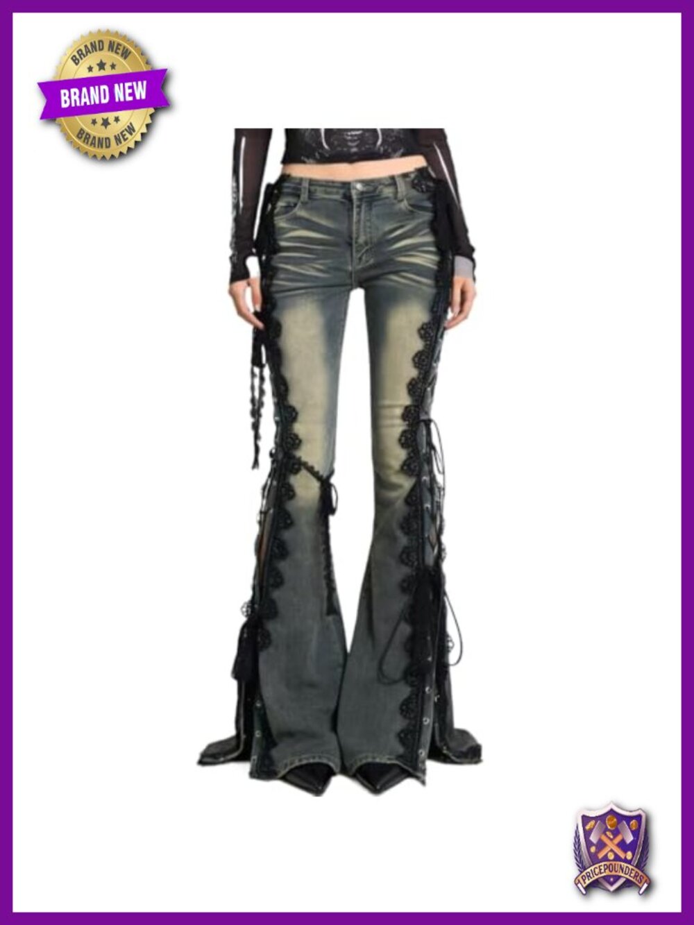 Y2K Low Rise Stretchy Flare Jeans Side Lace Up Button Slit Denim